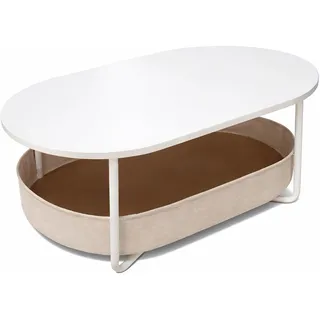 Relaxdays Couchtisch, mit Stoffkorb, oval, Beistelltisch mit Stauraum, HxBxT: 55x100x45 cm, MDF & Eisen, weiß-beige