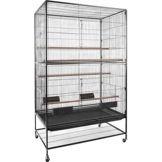 Flamingo Vogelkäfig – Voliere Vögel – Valor Antrazit – 94×58,5×153 cm – Metall pulverbeschichtet, 4 Sitzstangen & 4 Näpfe, 8 Türen, Kunststoff-Schublade, Rollen