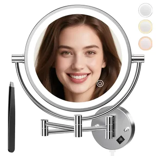 Auxmir Kosmetikspiegel mit LED Beleuchtung 1X/30X Vergrößerung, Dimmbarer Schminkspiegel mit Touchschalter, 3 Farbe Einstellbar, Rasierspiegel Wandmontage für Badezimmer, Spa und Hotel