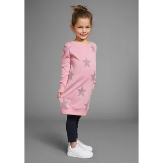 Sweatkleid KIDSWORLD "Sterne-Allover Kleid für kleine Mädchen", Mädchen, Gr. 140/146, N-Gr, rosa, angeraute Sweatware, Obermaterial: 100% Baumwolle, Glitzermuster, gemustert, Basic ca. Mitte Oberschenkel, Rundhals, angesetztes Bündchen, Kleider Sweatkleid, Sweatkleid mit Glitzerdruck
