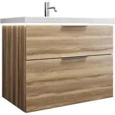 Burgbad Eqio Keramik-Waschtisch inklusive Waschtischunterschrank und LED-Waschtischunterschrankbeleuchtung, Breite 830 mm, SEZA083, Farbe (Front/Korpus): Frassino Dekor Cappuccino / Frassino Dekor Cappuccino, Griff G0146