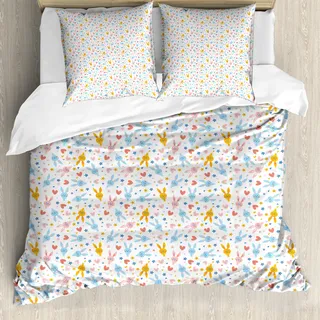 ABAKUHAUS Pastell Bettbezug, Baby-Häschen-Blumen, Milbensicher Allergiker geeignet mit Kissenbezügen, 155 cm x 220 cm - 80 x 80 cm, Marigold Pale Blue Coral - Gold