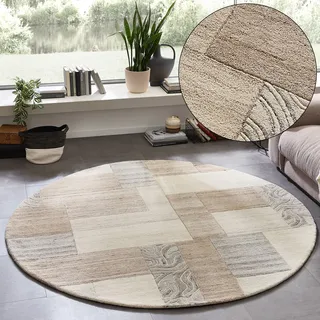 THEKO Wollteppich "Lola, Wolle, handgearbeitet, Patchwork Design" rund 12 mm Höhe handgetuftet, Wohnzimmer, Schlafzimmer, Esszimmer, natur