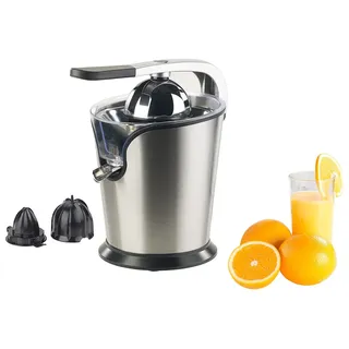 Rosenstein & Söhne Orangensaftpresse: Elektrische Edelstahl-Zitruspresse, 2 Aufsätze, Saftbehälter, 160 Watt (Orangenpresse elektrisch, Fruchtpresse, Cocktail)