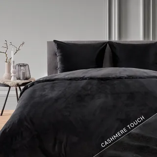 Blumtal Bettwäsche 200x200 cm Cashmere-Touch Plüsch - OEKO-TEX zertifizierte Bettwäsche 200x200 + Kissenbezug 80x80 2x - Winter Bettwäsche Mikrofaser - Kuschel Schwarz