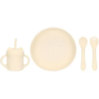 THUN - Geschirrset - Silikon - Kollektion Baby Dolce Fattoria - Teller: Ø 18 cm, Becher Ø 7 x 12 cm, Besteck: 14 cm