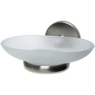 Fackelmann Ablageschale FUSION, Seifenschale mit vernickeltem Halter, Seifenhalter aus Glas (Farbe: Silber/Milchig), Menge: 1 Stück, 14 x 7 x 11 cm, Edelstahloptik