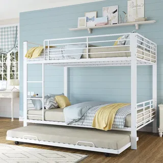 FAVSH Etagenbett 140x200 cm für 3 Personen aus Metall, Hochbett mit Rausfallschutz und Leiter, Geräuscharmes Doppelbett, rutschfest, für Jugendliche und Erwachsene, WG & Ferienwohnung, Weiß B