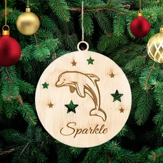 Personalisierte Delfin Weihnachtsbaum Dekoration, Holz Baum Ornament, Graviert Haustier Name Weihnachtskugel Geschenkkarte Einsatz für Familie und Freunde