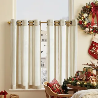 TOPICK Voile Scheibengardinen mit Ösen Transparent Bistrogardine Landhaus Streifen Küchenvorhang Gestreift Küchengardinen Paarig für Badezimmer Klein Fenster Dekor 90x90cm(BxH) Beige 2er Set