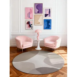 Ted Baker Wollteppich Rund Clarissa - Buntes Design Wohnzimmerteppich, 100% Wolle, Handgewebt & Natürlich, Retro Naturfaser Teppich für Wohnzimmer, Schlafzimmer, Esszimmer – Beige Grau, Ø160 cm