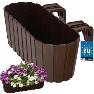 KOTARBAU® Blumenkasten für Balkon 40x15x15 cm, Balkonkasten mit Halterung | Blumenkasten für Balkongeländer, Balkon Pflanzkasten oval, Balkon Deko, Balkonkästen aus Kunststoff, Braun