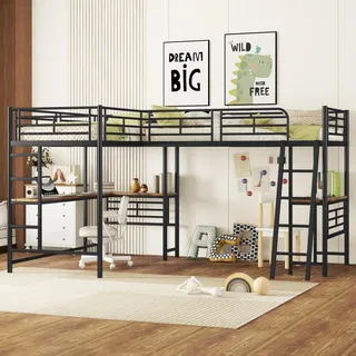 Flieks Etagenbett 90x200cm mit Lattenrost, Hochbett mit Schreibtisch, Kinderbett mit Rausfallschutz, Metallbett Stockbett 2 Kinder, Schwarz - Schwarz