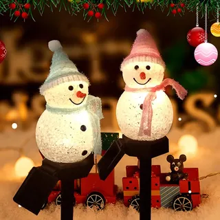 SOLUSTRE 2 Stücke LED Solarleuchten Schneemann Figur Solar Gartenstecker Weihnachten Beleuchtet Beleuchtung Garten Solarlampen Weihnachtsdeko Lampe für Außen Outdoor Rasen Terrassen Deko(Zufällig)