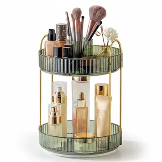 SHANNA Make Up Kosmetik Organizer: 360° Drehung, 2-stufige Große Kapazität Make-Up-Aufbewahrung, Multifunktionales Rundes Drehregal für Hautpflege, Kommode, Badezimmerablage (Grün-A)