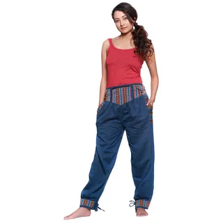 Haremshose Freizeithose Thamel Stoffhose mit breitem gewebtem Bund für Damen : blau S/M Farbe: Blau Größe: S/M - Blau