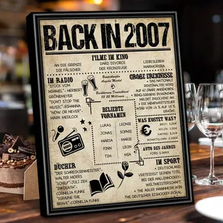 Benjia Geschenk 18 Geburtstag Mann Frau - Back in 2007 Schwarz Rahmen Gerahmt Poster Germany - 18. Geburtstag Geschenk Bild Karte Schild Dekoration Geburtstagszeitung Frauen Männer (20x25cm,Retro)