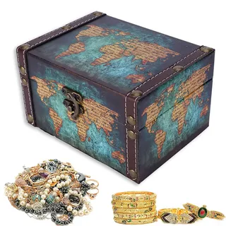 HERCHR Piraten-Schatzkiste aus Holz, Verzierung Metall, Piratenkiste, Aufbewahrungsbox klein, Multifunktionale Schmuckbox, Dekorative Holz Aufbewahrungskoffer für Geschenke & Heimdekoration