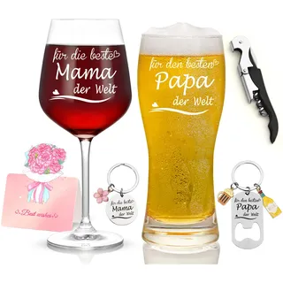 Joymaking Rotweinglas und Bierglas Set mit Gravur - Für Die Beste Mama&Den Besten Papa der Welt, Geschenke für Eltern Papa Mama, Personalisiertes Eltern Geschenk zum Muttertag Vatertag Geburtstag