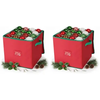 Relaxdays Weihnachtskugel Aufbewahrungsbox, 64 Kugeln, HxBxT: 33 x 33 x 33 cm, Polyester, Pappe, Kugelkiste, rot/grün (Packung mit 2)
