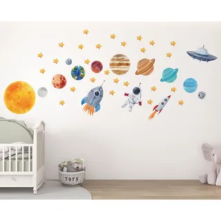 igibee Wandtattoo Sonnensystem, Astronaut im Sonnensystem Wandaufkleber, Planeten, Sonne und Rakete für Jungenzimmer, WallDecal für Kinderzimmer, Kosmos Wandtatoo