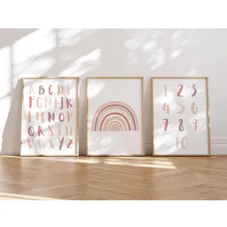 MeinBaby123® Bilder Kinderzimmer | 3er Set A4 Poster | Alphabet ABC Lernposter Zahlen Regenbogen | Deko Kinderzimmer Mädchen | Babyzimmer | Wandposter Premium(ABC, Regenbogen, Zahlen - rosa)