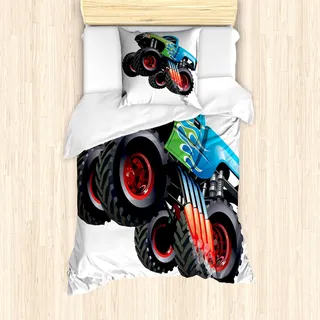 ABAKUHAUS Autos Mantele, Monster Truck Cool Cartoon, Milbensicher Allergiker geeignet mit Kissenbezügen, 135 cm x 200 cm - 80 x 80 cm, Aqua Grün Schwarz - Schwarz