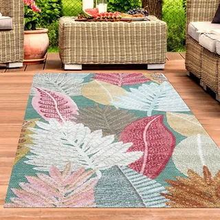 Outdoorteppich Teppich Außenbereich Blumen Muster 3d-Effekt wetterfest creme bunt Größe - 200 x 290 cm - Türkis