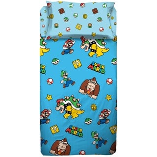 Super Mario, Bettwäsche-Set für Einzelbett, Kissenbezug, Bettlaken, Spannbettlaken, 100% Baumwolle, Hellblau