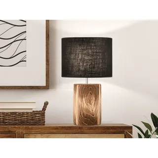 LED Tischlampe 43cm groß mit Lampenschirm Leinen Grau & Betonfuß Holzoptik