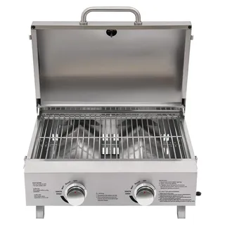 Propan Gasgrill Outdoor - Tragbarer 2-Brenner Tischgrill - Edelstahl - Klappbarer Standfuß - Pizzastein - Thermometer & Piezozündung - Silber