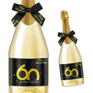 Giftota 2 Stück 60 Geburtstags-Flaschenetikett & Geschenkschleifen - Weinetiketten Personalisiert Selbstklebend für Sekt und Schaumwein - 60 Geburtstag Deko - Geburtstags-Geschenk für Männer & Frauen