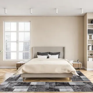 oKu-Tex Bettumrandung Set 3-teilig [67x340 cm | 2 mal 67x140 cm] Grauer Bettvorleger, meliert - weicher Kurzflor pflegeleicht - Teppich Schlafzimmer - Geometrisches Patchwork Design - Deutsche Marke