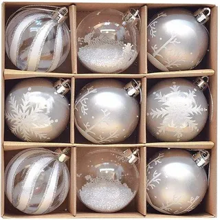 Unyqoos® 9er-Set silber-weiße Weihnachtskugeln – leichte, bruchsichere Kunststoffkugeln in 3 Designs mit Aufhängern, Dekoration für Weihnachtsbaum - Grau
