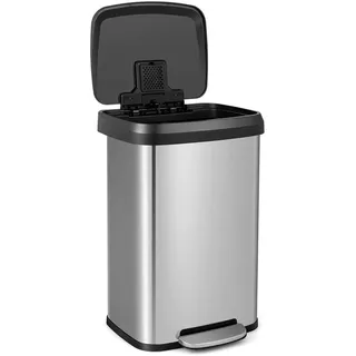 FANTASK 50L Mülleimer Küche, Tretmülleimer mit sanft schließendem Deckel, Silber Abfalleimer aus Edelstahl und Kunststoff, Mülltrennsystem inkl. Desodorierungsfach