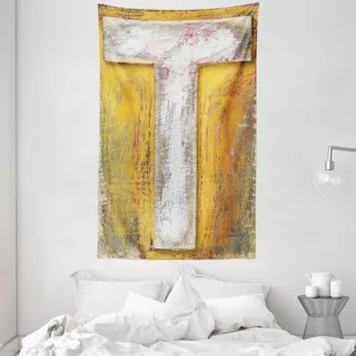ABAKUHAUS Buchstabe T Wandteppich und Tagesdecke, Schriftsprache Zeichen aus Weiches Mikrofaser Stoff Waschbar ohne Verblassen Digitaldruck, 140 x 230 cm, Coral Weiß Gelb - Weiß