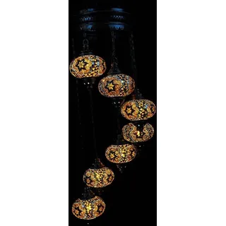 Turkische Hängelampe Mozaik 7 bunte Glaskugeln handgefertigt, orientalische Deckenleuchte aus Metall, braun - Braun
