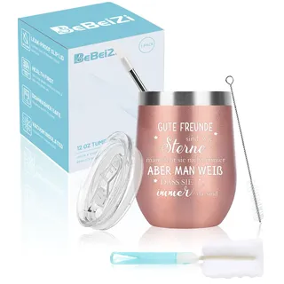 Geschenke für besten Freundinnen, Edelstahl Weinglas mit "Gute Freunde sind wie Sterne". Vakuumisoliert Thermobecher to go mit Deckel und Strohhalm, Geburtstagsgeschenk für Frauen, Weihnachtsgeschenke