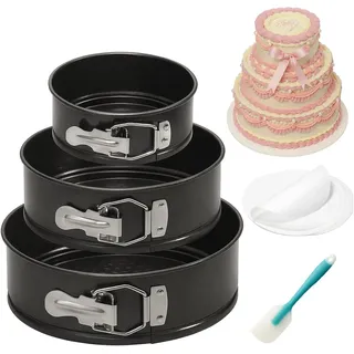 OAMCEG Backformen Springform Set 3 Stück – 10cm/18cm/22cm Runde Kuchenform aus Kohlenstoffstahl, Antihaftbeschichte & Auslaufsicher – Käsekuchenform mit 50 Pergament Backpapier & 1 Silikonspatel