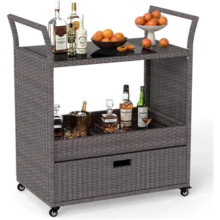 COSTWAY Grillwagen Outdoor, Polyrattan Grilltisch, Servierwagen mit gehärteter Glasplatte, offenes Ablagefach & Schublade, Garten Trolley - Braun