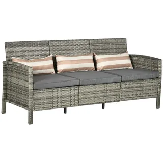 Outsunny Rattan Sofa mit Kissen, Dreisitzer, Garten Loungesofa, Stahl, Grau , Metall , 68x78x173 cm , Gartenmöbel, Loungemöbel, Gartensofas & Loungesofas