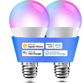 Meross Smart Glühbirne Set 2 LED-Glühbirnen kompatibel mit HomeKit, Alexa, Google Home und SmartThings, E27 RGBWW Wi-Fi-Glühbirne, dimmbar, mehrfarbig, mit Sprachsteuerung und Fernbedienung