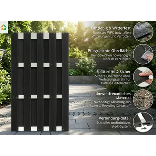 WPC-Sichtschutzzaun CARMENO - 1x Element, ca. 180 x 90 cm - Schwarz - Schwarz
