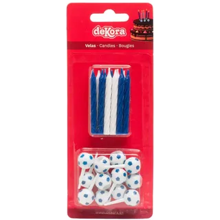 Dekora - Set von Geburtstagskerzen von Fußball für Kindertorten - Pack von 12 Kerzen Deko Geburtstagskerze, Weiß und Blau