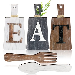 Schneidebrett Eat Schild Set Hängende Kunst Küche Eat Schild Gabel und Löffel Wand Dekoration Rustikales Primitives Land Bauernhaus Küchen Dekor für Esszimmer (Weiß, Grau Schwarz, Braun)