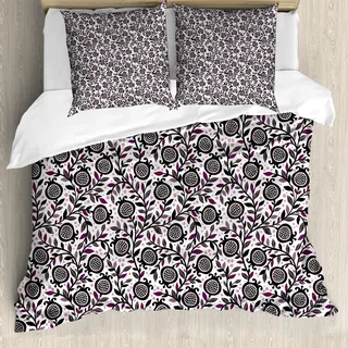 ABAKUHAUS Garten-Kunst Bettbezug, Granatapfel Floral, Milbensicher Allergiker geeignet mit Kissenbezügen, 155 cm x 220 cm - 80 x 80 cm, Plum Blush Schwarz - Schwarz