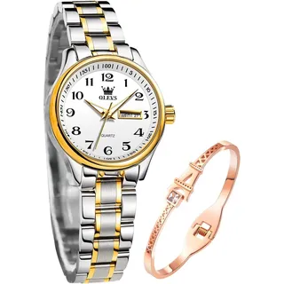 Damenuhren Gold Silber Leicht zu Lesen Armbanduhren für Damen mit Kleines Gesicht Tag Datum Edelstahlband wasserdichte: