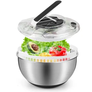 Pfloge Salatschleuder Edelstahl 4,5L, Salatschleuder mit Deckel, Anti-Rutsch-Boden & Siebeinsatz, Groß Push-Typ Salad Spinner zum Waschen von Salat, Abtropfen von Gemüse & Nudeln