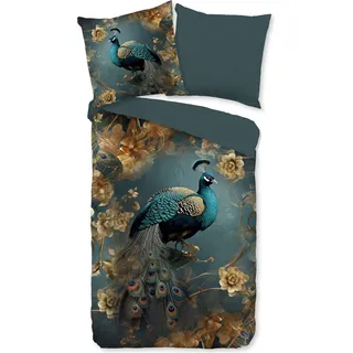 Duvet cover Pure 135x200 + 1* 80x80 cm - peacock with golden flowers - Petrol