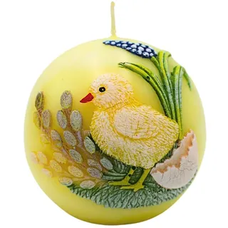 Dekohelden24 Osterkerze, Kükenkerze, Kugelkerze mit Applikation im zarten gelb, handbemalt, Ø 8 cm
